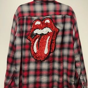 Oversized plaid flannel shirt with Rolling stones sequin patch on back